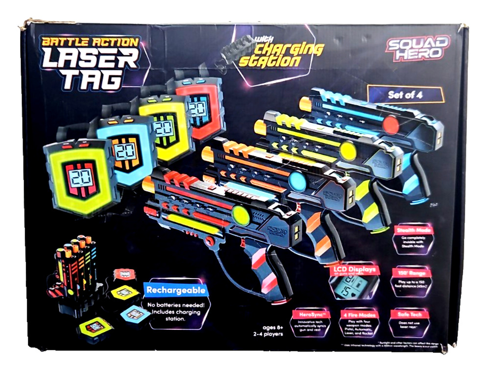 Squad Hero Battle Action Laser Tag 4 Players Rechargeable Guns LCD Vests MINT